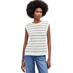 MADEWELL Women’s Puff-Trim Linen Blend Sweater Vest Stripe Bright Ivory-Size XS